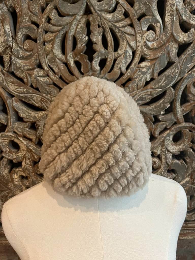 Pologeorgis Cream Shearling Quilted Beanie Hat One Size